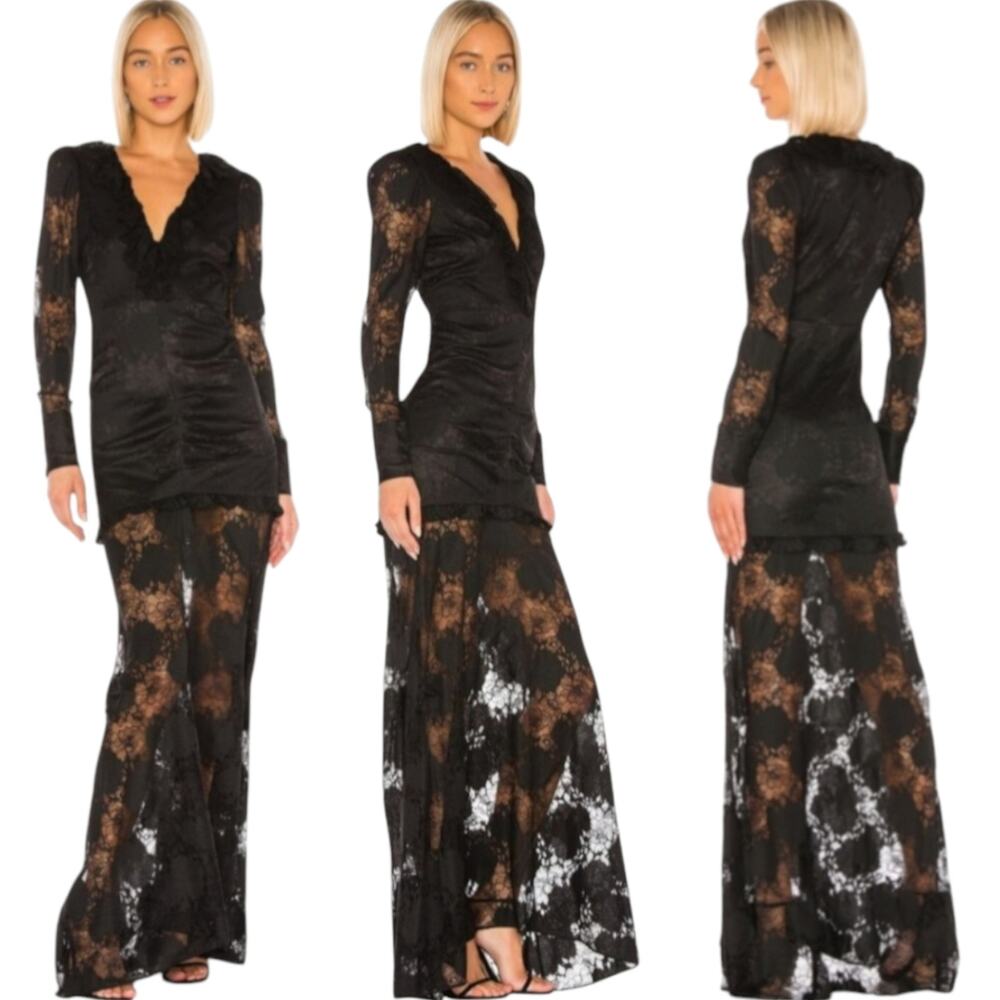 Alexis Lucasta Black Lace Maxi Dress L Ruched Sheer Gothic Victorian Romance EUC